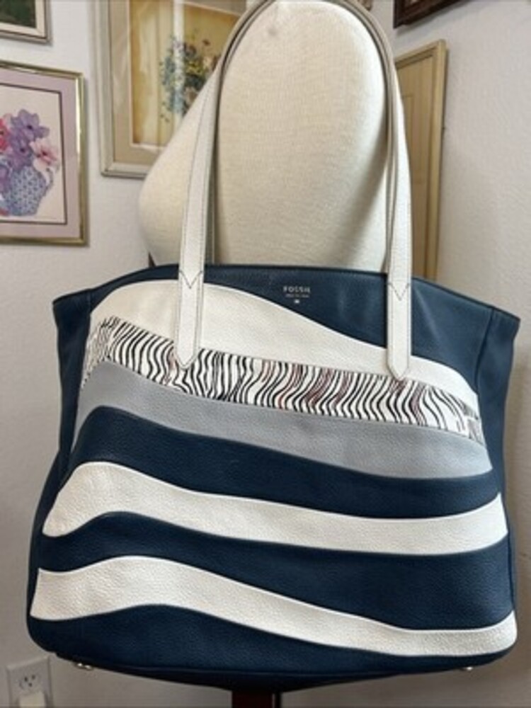 Fossil Sydney Leather Tote Bag Purse Handbag Dark Navy Blue Double Strap Womens